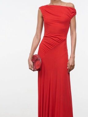 STAUD Red One-Shoulder Draped Maxi Dress